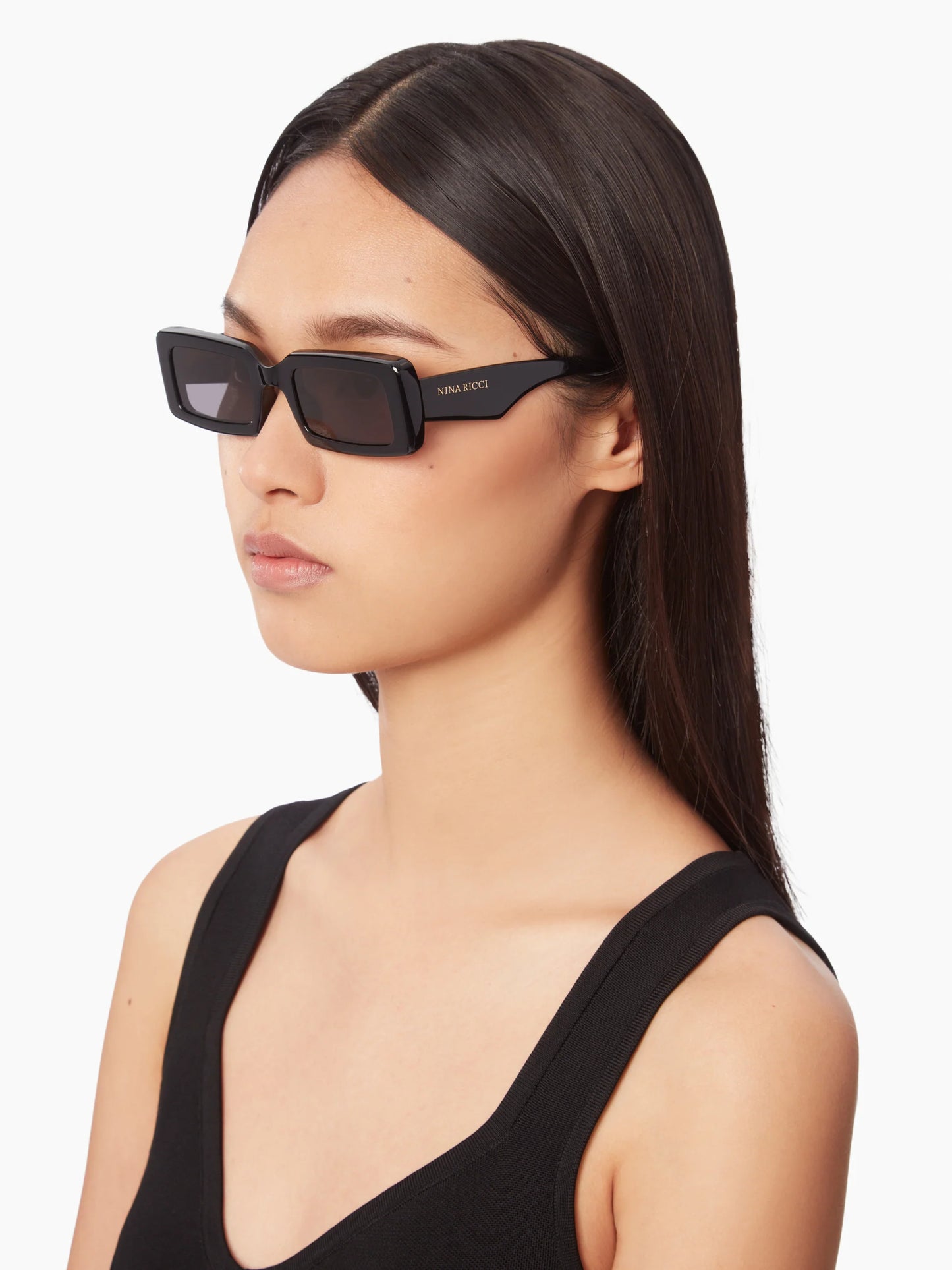 WAVES RECTANGULAR SHINY BLACK SUNGLASSES