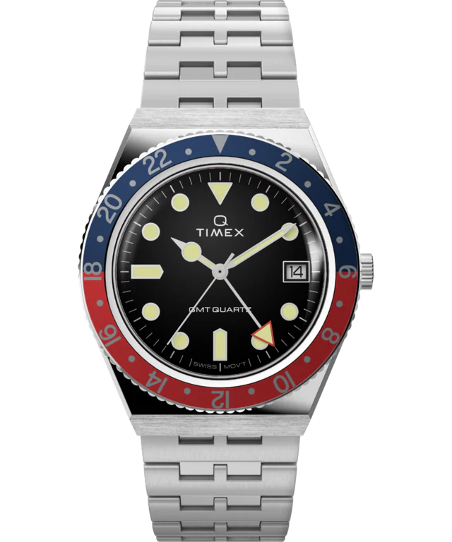 Q Timex GMT 38mm Stainless Steel Bracelet Watch