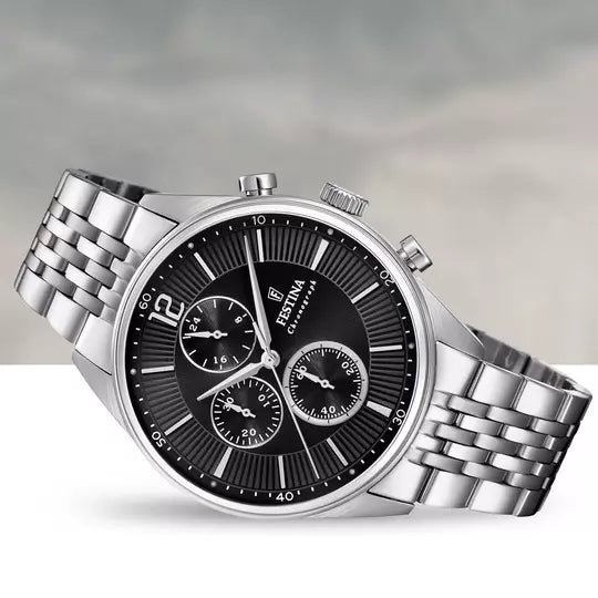 FESTINA TIMELESS CHRONOGRAPH WATCH F20285/4 BLACK STEEL STRAP, MEN