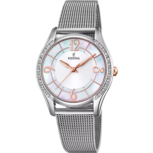 FESTINA MADEMOISELLE WATCH F20420/1 MOTHER-OF-PEARL STEEL STRAP, WOMEN